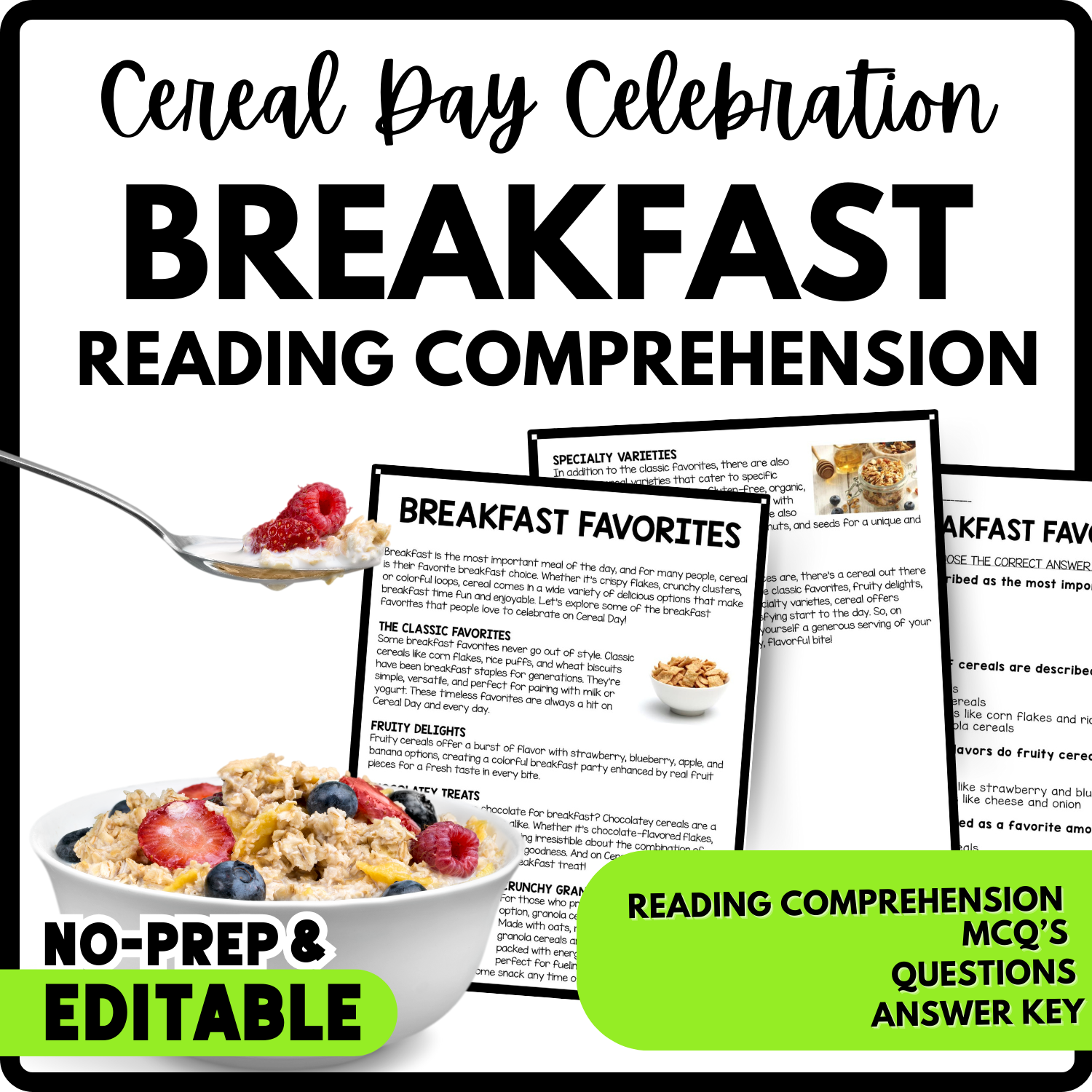 Breakfast Favorites Reading Comprehension Worksheet-Printable and Editable