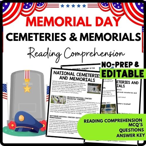 National Cemeteries and Memorials Reading Comprehension Worksheet-Printable and Editable