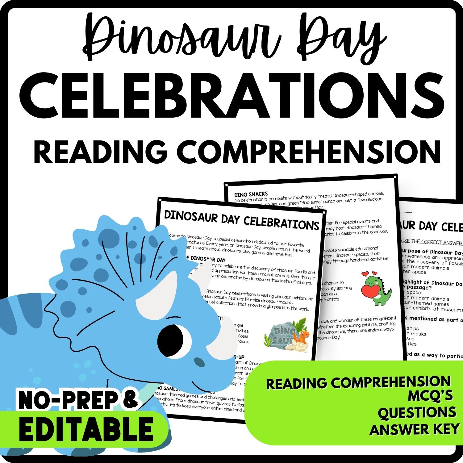 Dinosaur Day Celebrations Reading Comprehension Worksheet-Printable and Editable