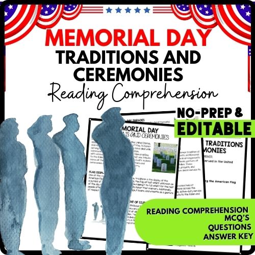 Memorial Day Traditions and Ceremonies Reading Comprehension Worksheet-Printable and Editable