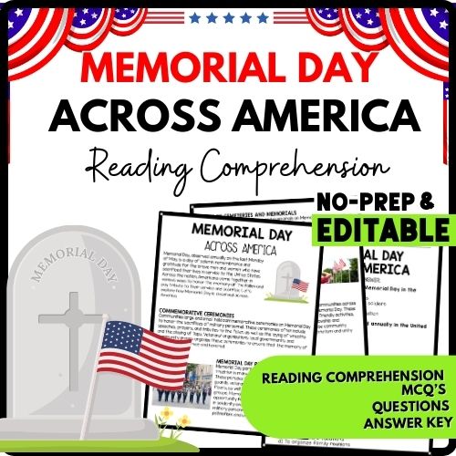 Memorial Day Across America Reading Comprehension Worksheet-Printable and Editable