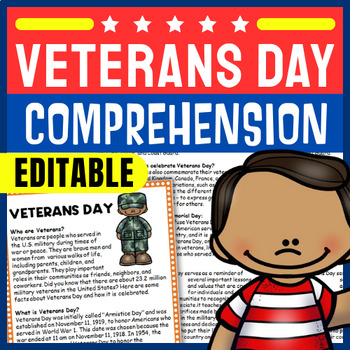 Veterans Day Activities Reading Comprehension Worksheet-Printable and Editable