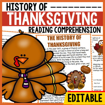 History of Thanksgiving Reading Comprehension Worksheet-Printable and Editable