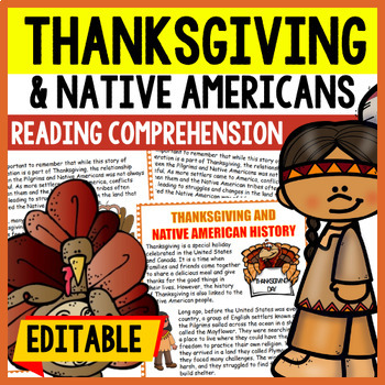 Native Americans and History of Thanksgiving Reading Comprehension Worksheet-Printable and Editable