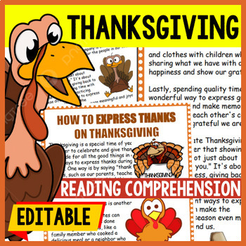 How to Express Thanks on THANKSGIVING? Reading Comprehension Worksheet-Printable and Editable