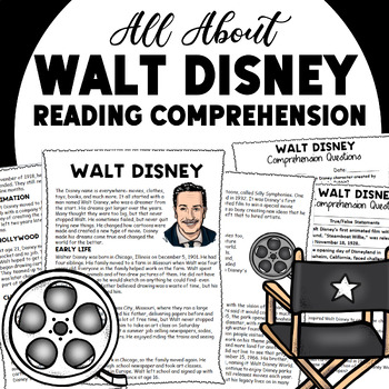 Walt Disney Biography Reading Comprehension Worksheet-Printable and Editable