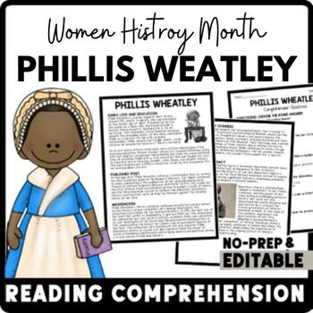 Women's History Month Phillis Wheatley Reading Comprehension Worksheet-Printable and Editable