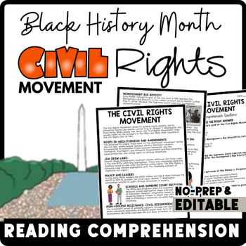 Black History Month Civil Rights Movement Reading Comprehension Worksheet-Printable and Editable