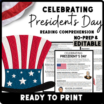 Celebrating Presidents Day Reading Comprehension Worksheet-Printable and Editable