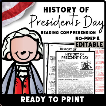 Presidents Day Reading Comprehension Worksheet-Printable and Editable