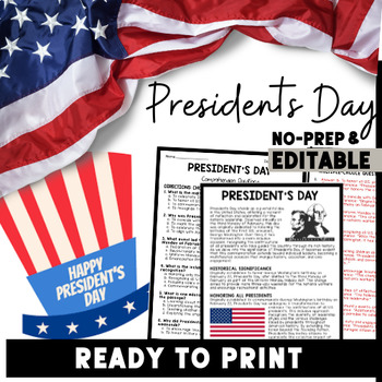 Presidents Day Reading Comprehension Worksheet-Printable and Editable