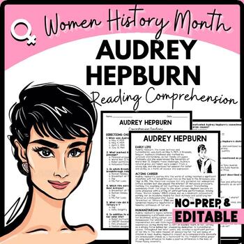 Women's History Month AUDREY HEPBURN Reading Comprehension Worksheet-Printable and Editable