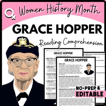 Women's History Month GRACE HOPPER Reading Comprehension Worksheet-Printable and Editable