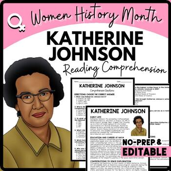 Women's History Month KATHERINE JOHNSON Reading Comprehension Worksheet-Printable and Editable