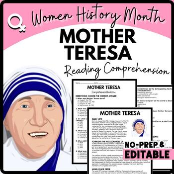 Women's History Month MOTHER TERESA Reading Comprehension Worksheet-Printable and Editable