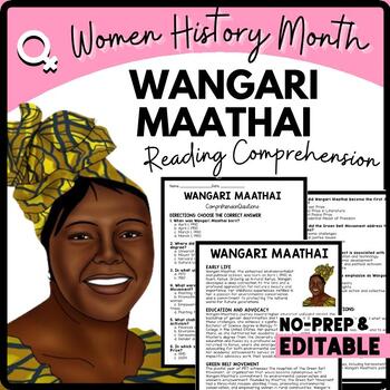 Women's History Month WANGARI MAATHAI Reading Comprehension Worksheet-Printable and Editable