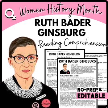 Women's History Month RUTH BADER GINSBURG Reading Comprehension Worksheet-Printable and Editable